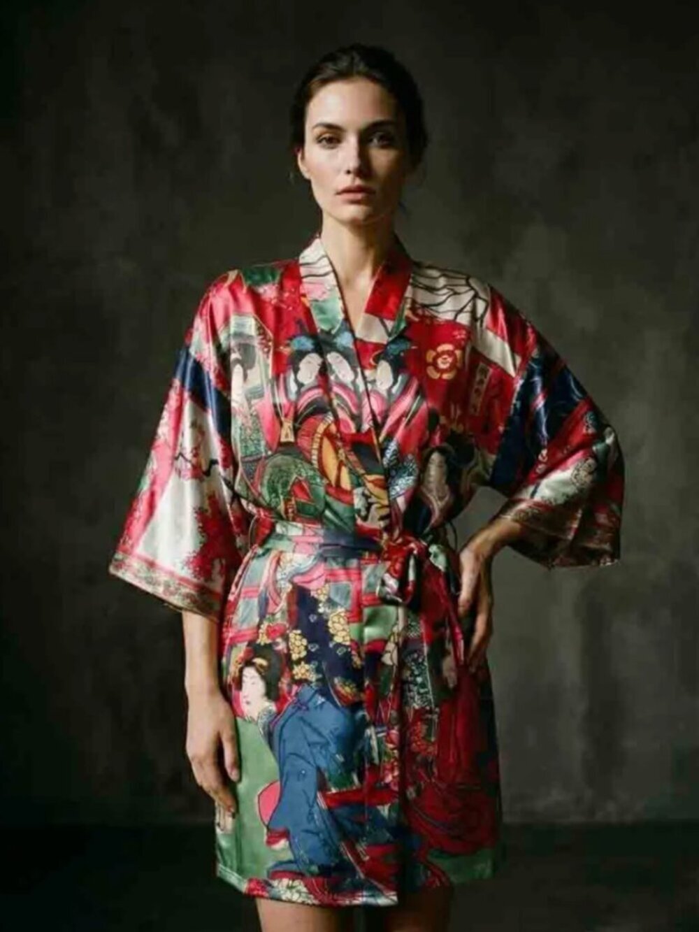 Toyohara Chikanobu Red Geisha Girls Glossy Short Sleeve Kimono Robe Size XL OS